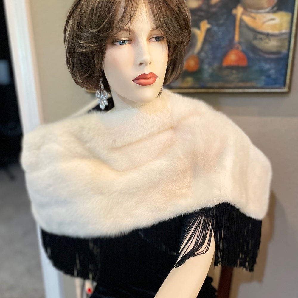 White mink fur shawl with Black Fringe